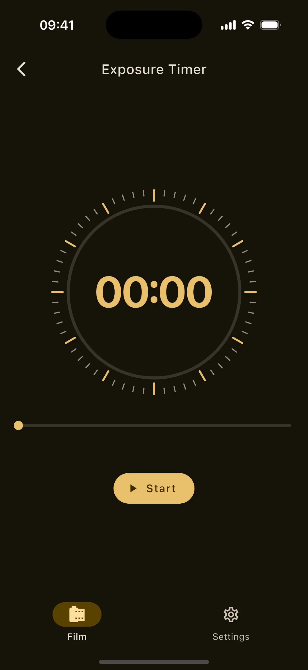 Exposure Timer on iPhone, recorded: the duration set on the slider, Start tapped, and the countdown running with its progress arc.