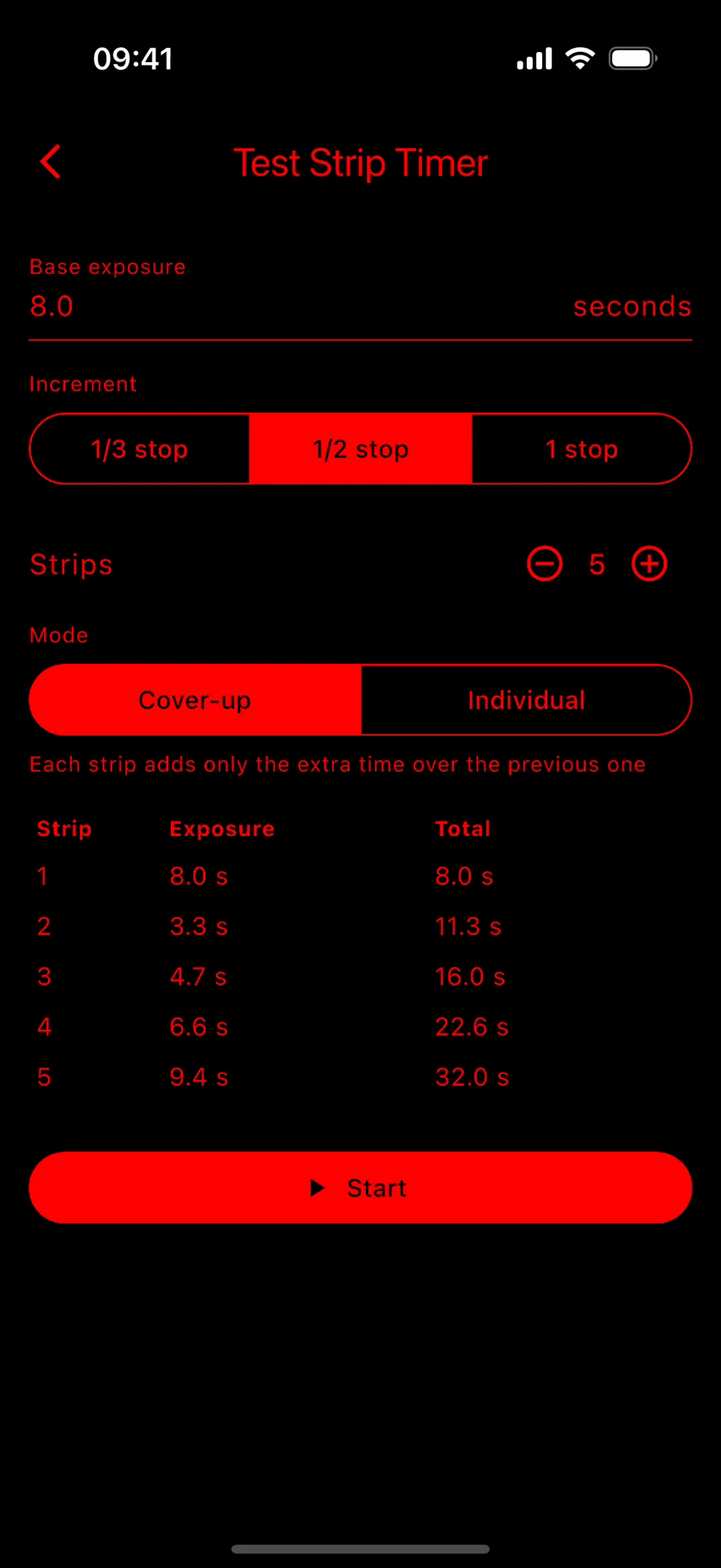 Test strip timer on iPhone, recorded: increment set to a third of a stop and the sequence started.