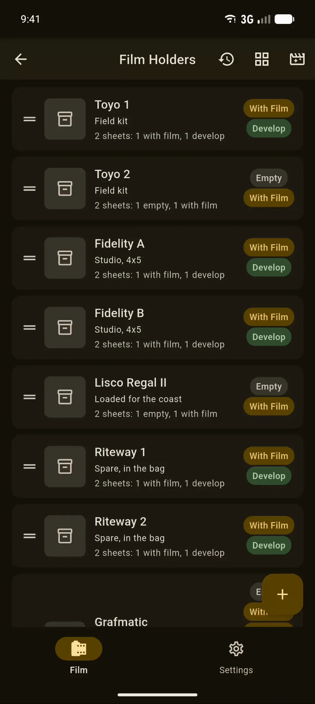 Film Holders on Android, recorded: the list scrolled, a holder opened, and a sheet selected.