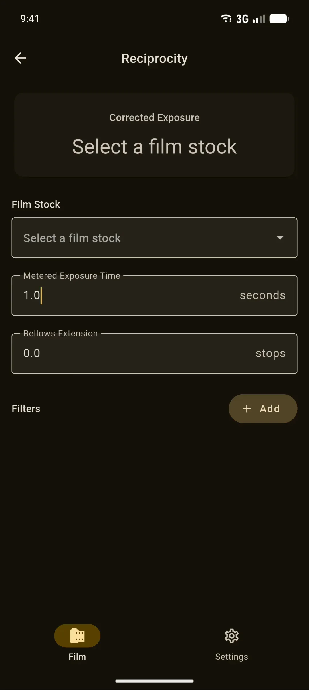 Reciprocity on Android, recorded: a 30 second metered time entered, Ilford HP5+ chosen, and a filter added from the list.