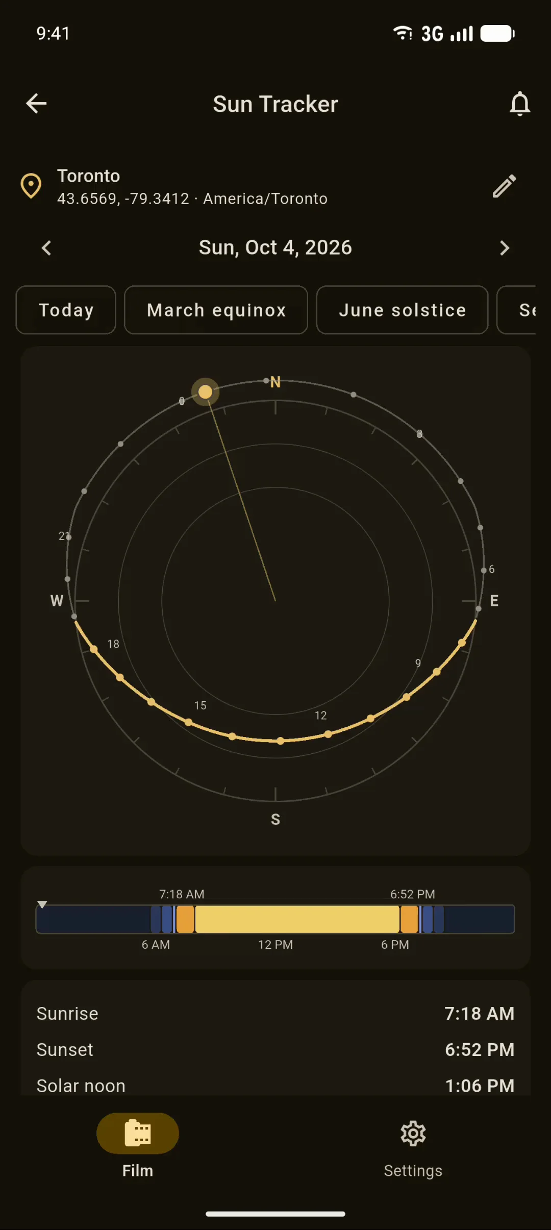 Sun Tracker on Android, recorded: solstice and equinox jumps and the sunrise and sunset times.