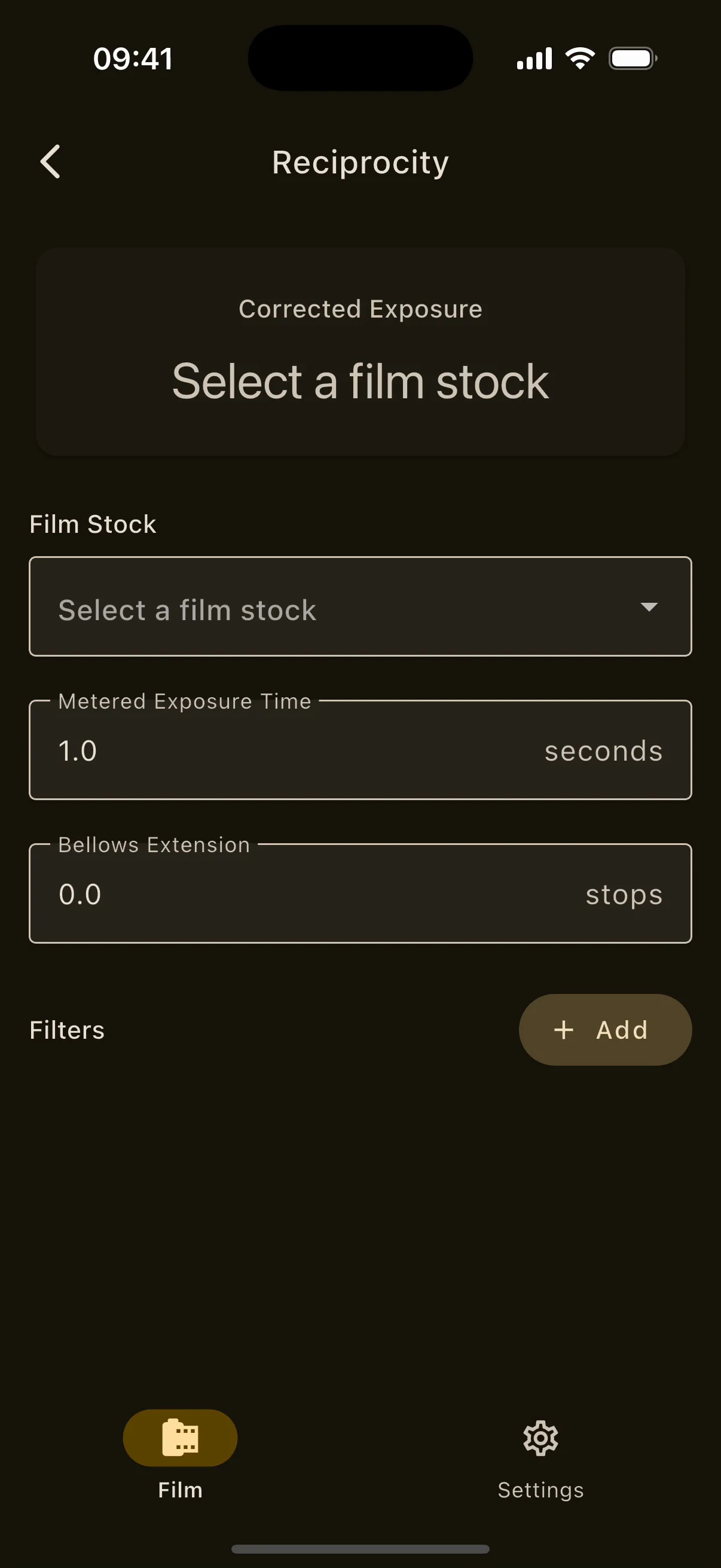 Reciprocity calculator on iPhone with the film stock, metered time, bellows and filter inputs.