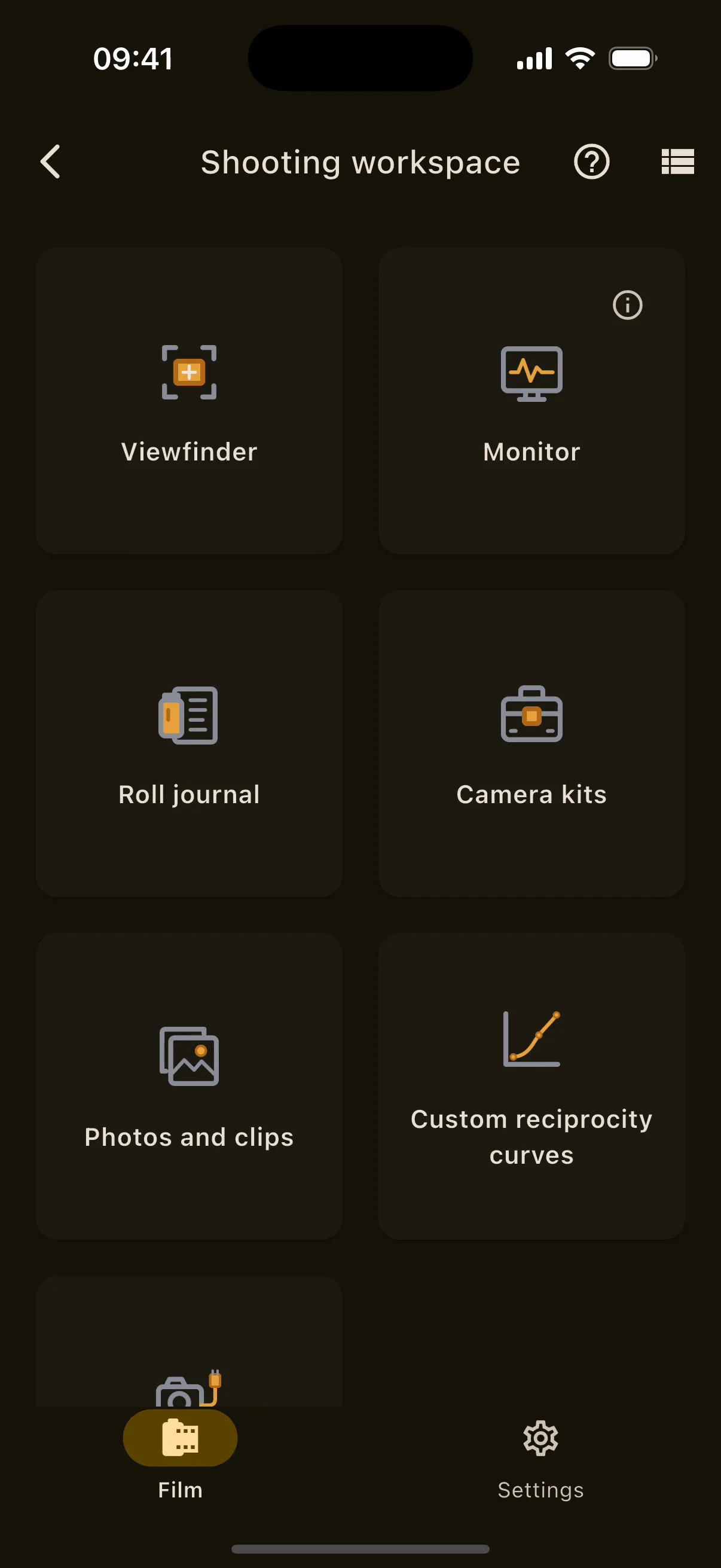 Shooting workspace on iPhone: Viewfinder, Monitor, Roll journal, Camera kits, Photos and clips, Custom reciprocity curves and External cameras cards.
